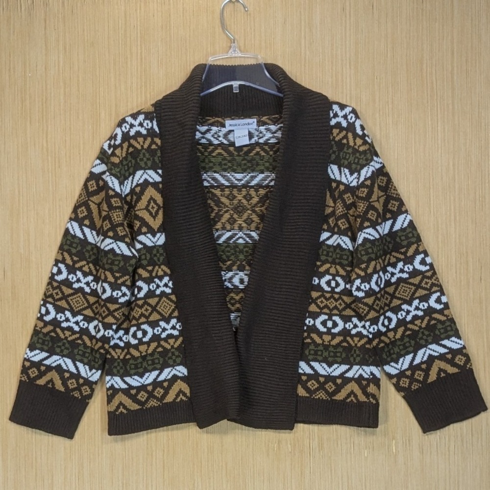 Jessica London Brown Fair Isle Knit Cardigan Sweater Cabincore Cozy Women's‎ 12